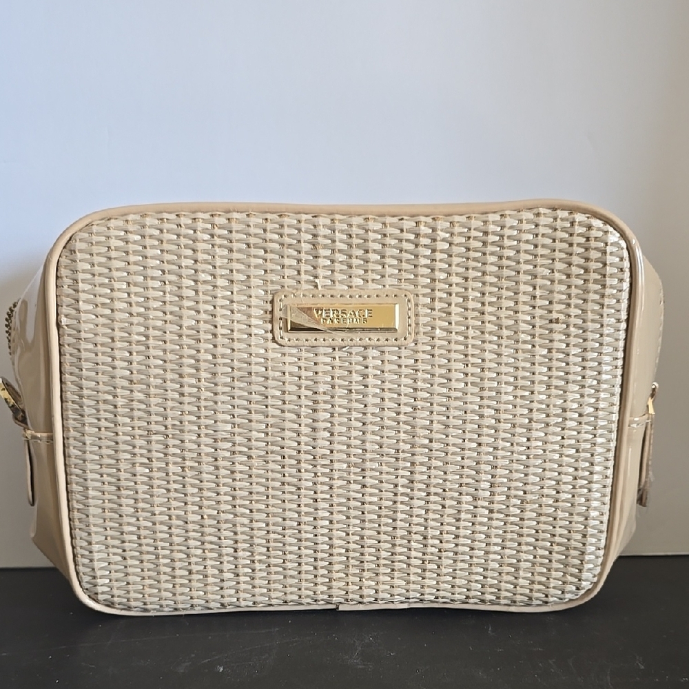 Versace Cream Textured Crossbody Bag with Gold Accents